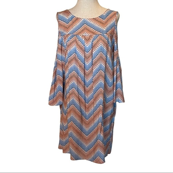 Glam Orange And Blue Cold Shoulder Chevron Print Tunic Dress Size S - Picture 2 of 10